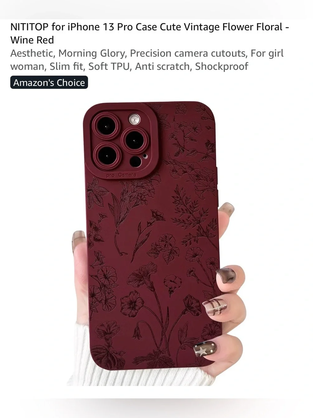 iPhone 13 Pro Case – Wine Red Floral Vintage TPU